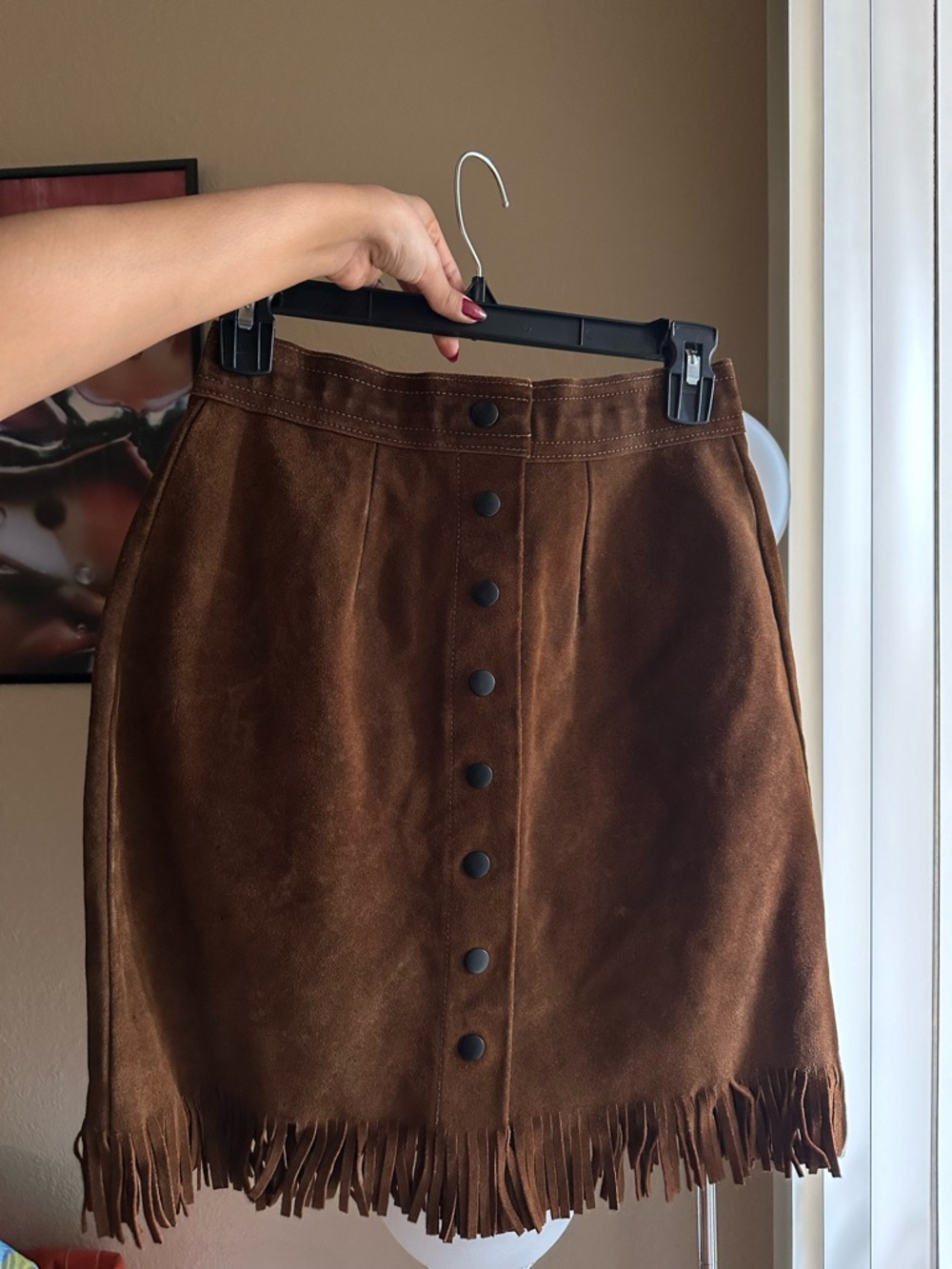 Suede Fringe Button-Front Brown Skirt